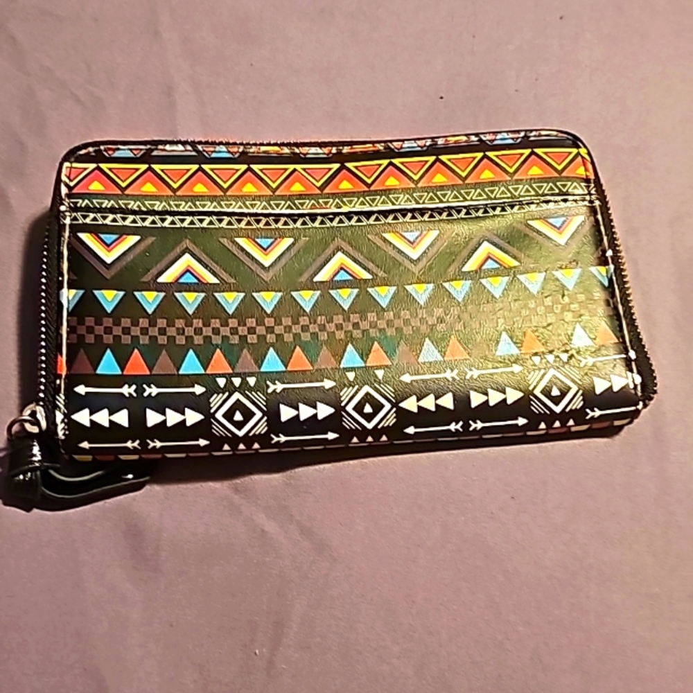 Ladies Rubber Checkbook Zip Around Wallet, Black w/Multi-Color Indian Designs